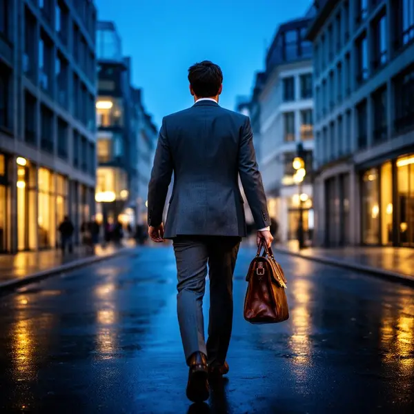Homme d'affaires marchant dans une rue de Bruxelles à l'heure bleue, mallette à la main
