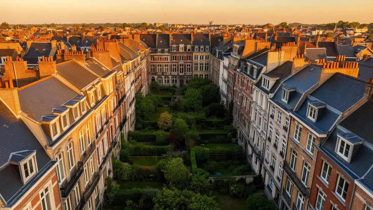 Vue aérienne d'un îlot bruxellois : toits, façades et jardins intérieurs au coucher du soleil