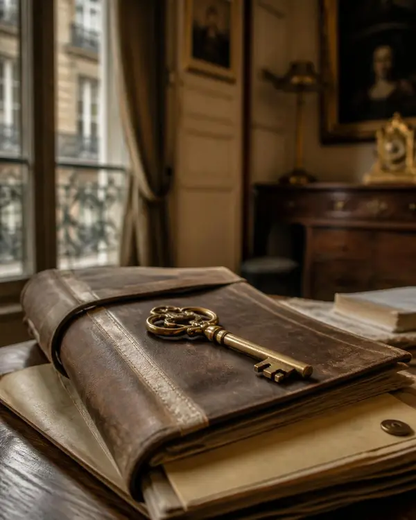 Ancienne clé en laiton posée sur des documents et registres hérités, évoquant la transmission patrimoniale