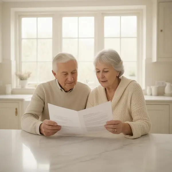 Couple de seniors consultant ensemble un document dans une cuisine baignée de lumière du matin